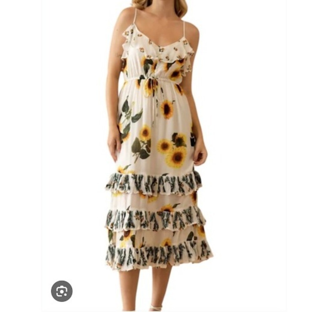 Guadalupe Sunflower Ruffle‎ Tiered Midi Dress White Yellow Boho Women's Size S